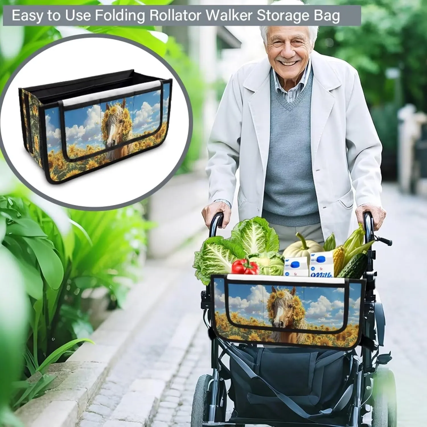 Horse Sunflower Walker Bag for Seniors Accessories Bag for Walker Wheelchair Rollator Large Capacity Walker Storage Bag for Family