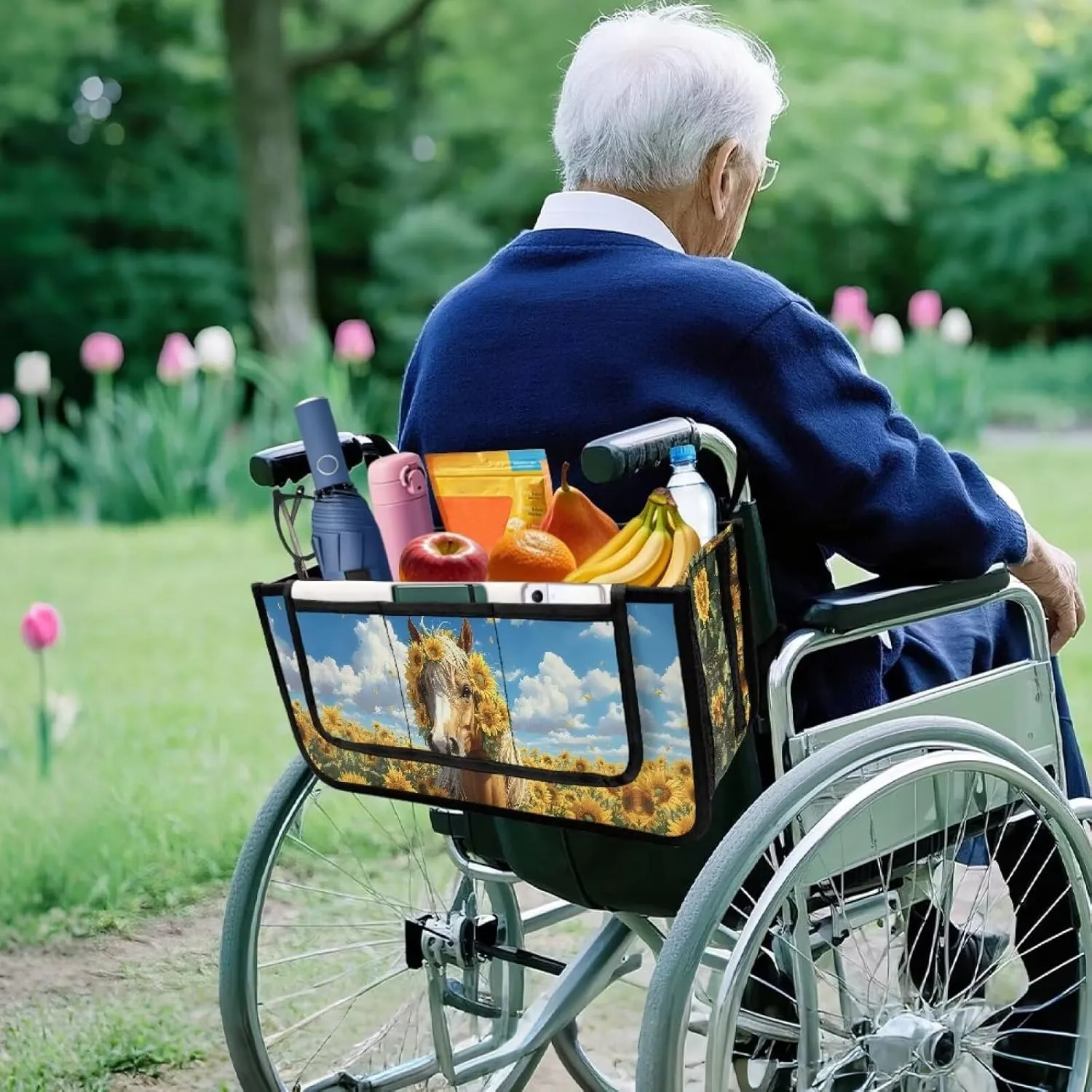Horse Sunflower Walker Bag for Seniors Accessories Bag for Walker Wheelchair Rollator Large Capacity Walker Storage Bag for Family