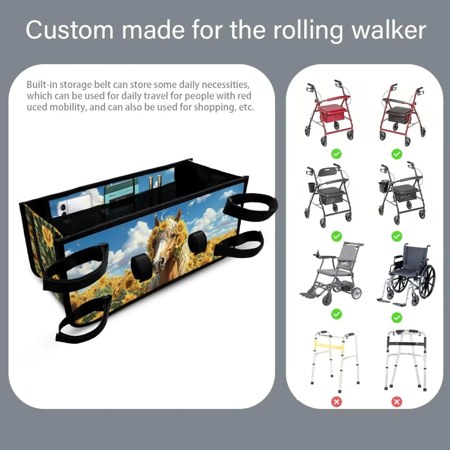 Horse Sunflower Walker Bag for Seniors Accessories Bag for Walker Wheelchair Rollator Large Capacity Walker Storage Bag for Family