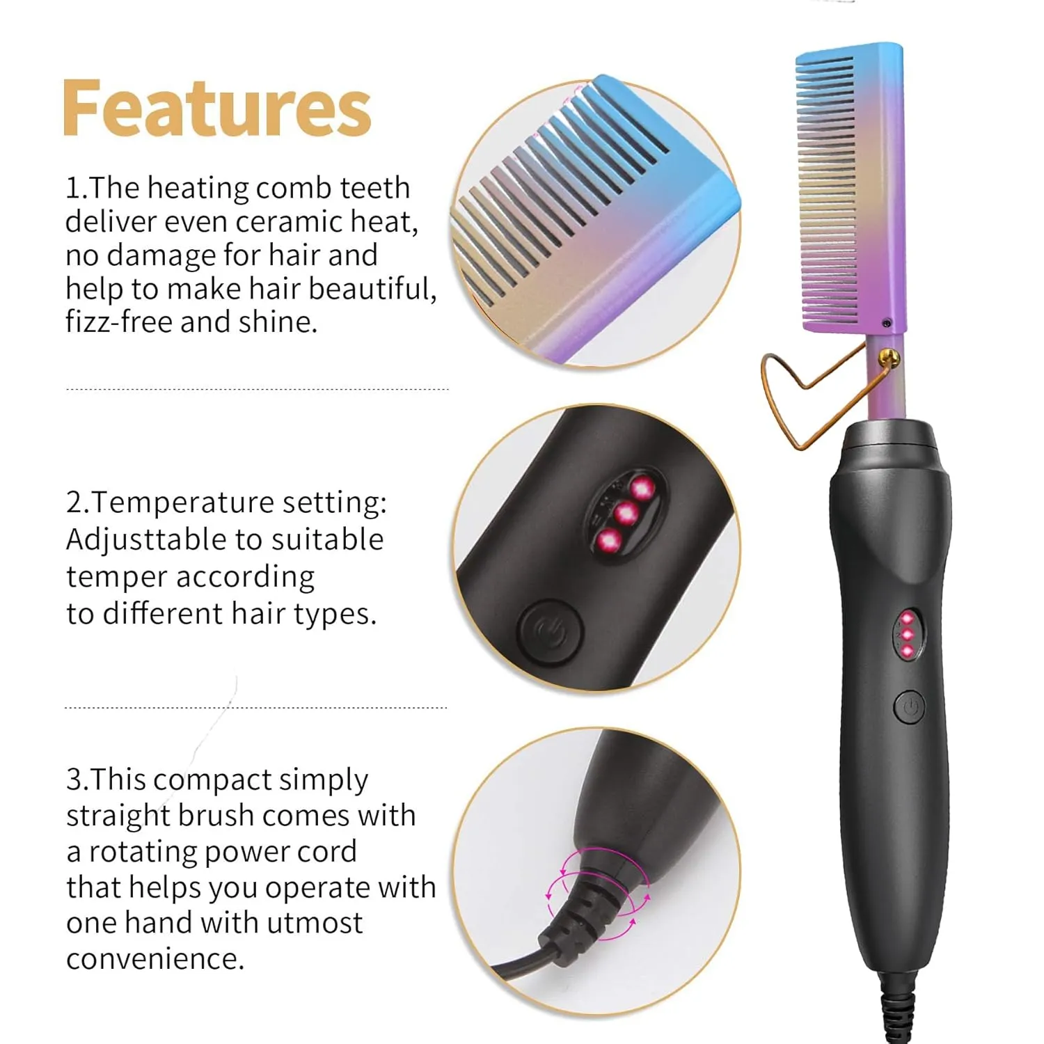 Hot Comb Hair Straightener Small Electric Heat Pressing Combs Straightening Curling Iron for Travel Dating Party and Gifts for Men Beard Women Wigs Rainbow