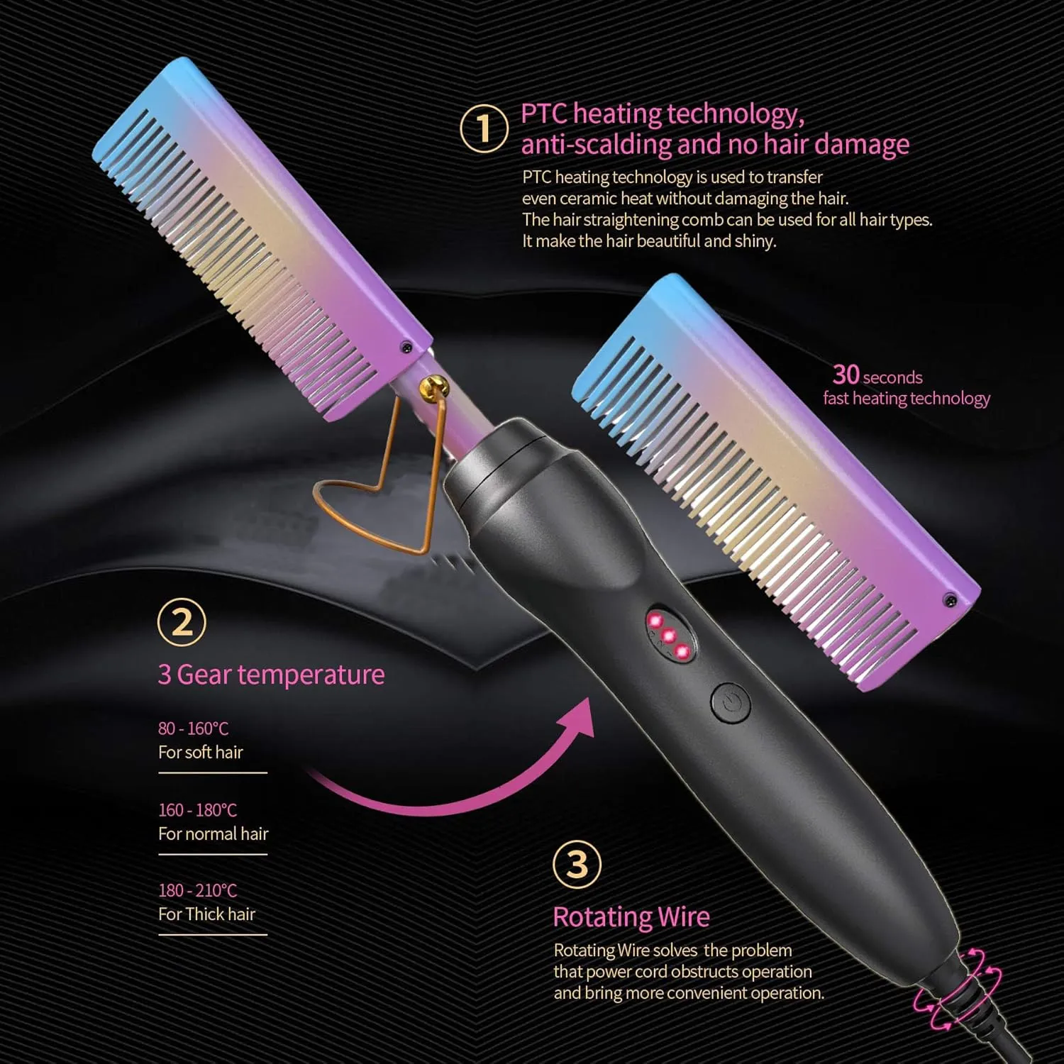 Hot Comb Hair Straightener Small Electric Heat Pressing Combs Straightening Curling Iron for Travel Dating Party and Gifts for Men Beard Women Wigs Rainbow