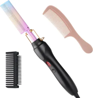 Hot Comb Portable Anti-Scald Ceramic Hair Straightening and Curling Brush with Heated Flat Iron, Travel-Friendly Beard Straightener