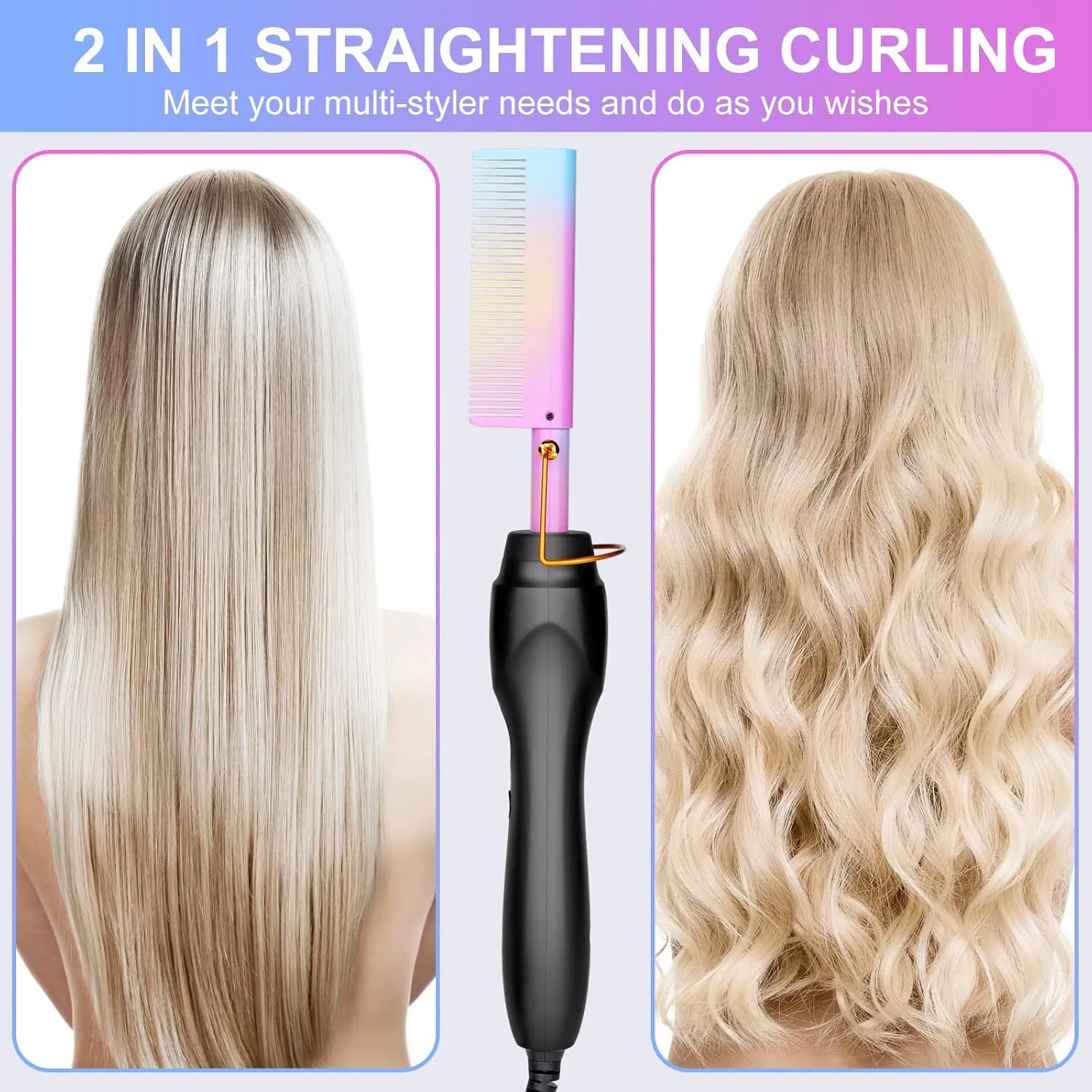 Hot Comb Portable Anti-Scald Ceramic Hair Straightening and Curling Brush with Heated Flat Iron, Travel-Friendly Beard Straightener