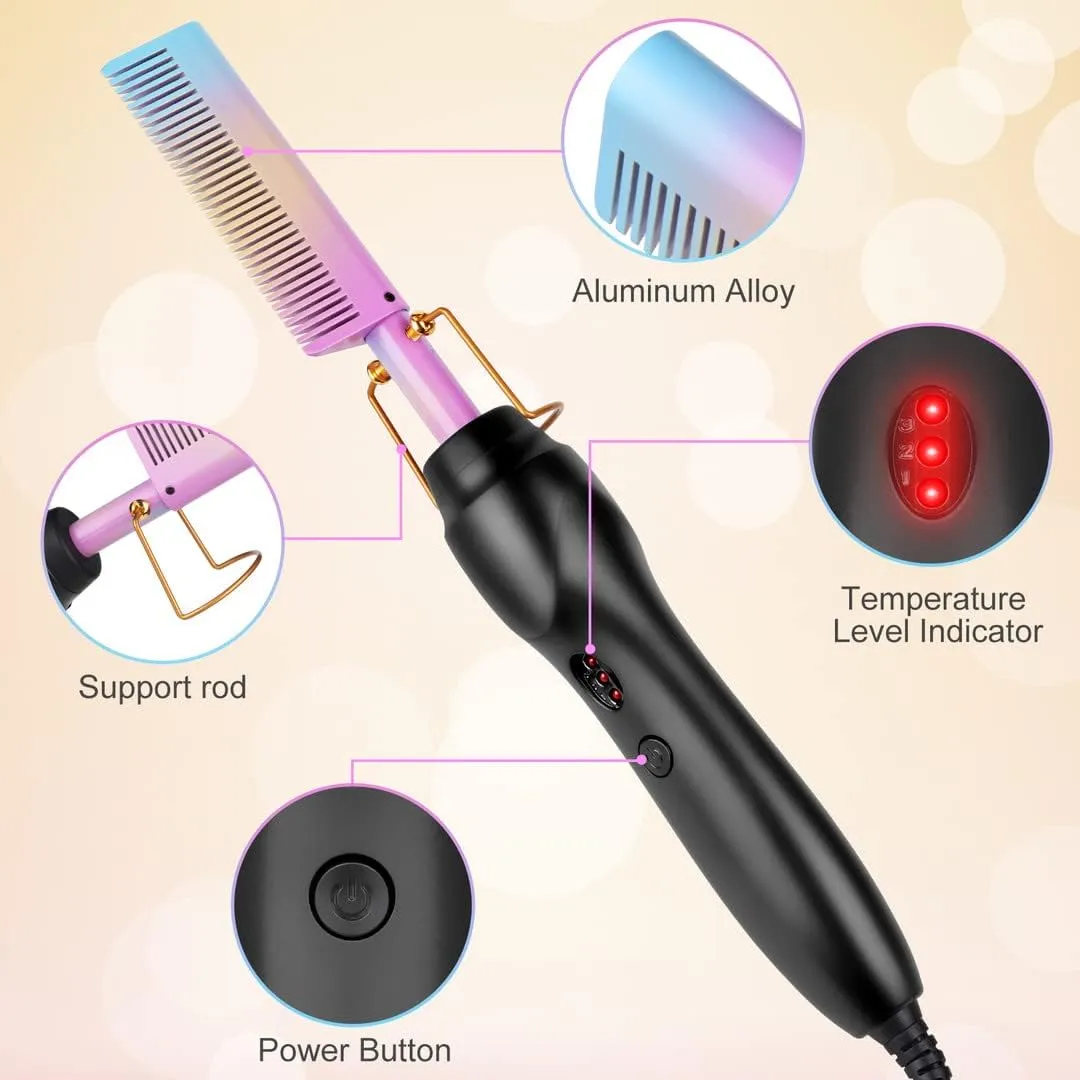 Hot Comb Portable Anti-Scald Ceramic Hair Straightening and Curling Brush with Heated Flat Iron, Travel-Friendly Beard Straightener