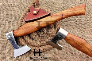 HUNTEX Unique Custom Exposed Hand-Forged Marked 1095 High Carbon Steel 15 Inch Long Walnut Wood Handle Full Tang Razor Sharp Hunting Camping Outdoor Bearded Bladed Axe with Genuine Leather Sheath