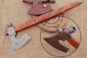 HUNTEX Unique Custom Hand-Forged Twist Pattern Damascus Steel 21 Inch Long Walnut Wood Handle Full Tang Razor Sharp Hunting Camping Outdoor Smoke Pipe Viking Axe with Genuine Leather Sheath