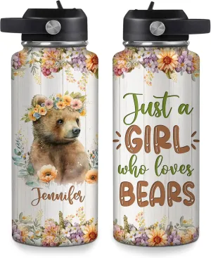 Hyturtle Personalized Bear Water Bottle - Travel Insulated Stainless Steel Bottle with Leak-Proof Lid 18oz 32oz - Cute Animal Gift for Women, Girls, Bear Lovers - Birthday & Christmas Gift