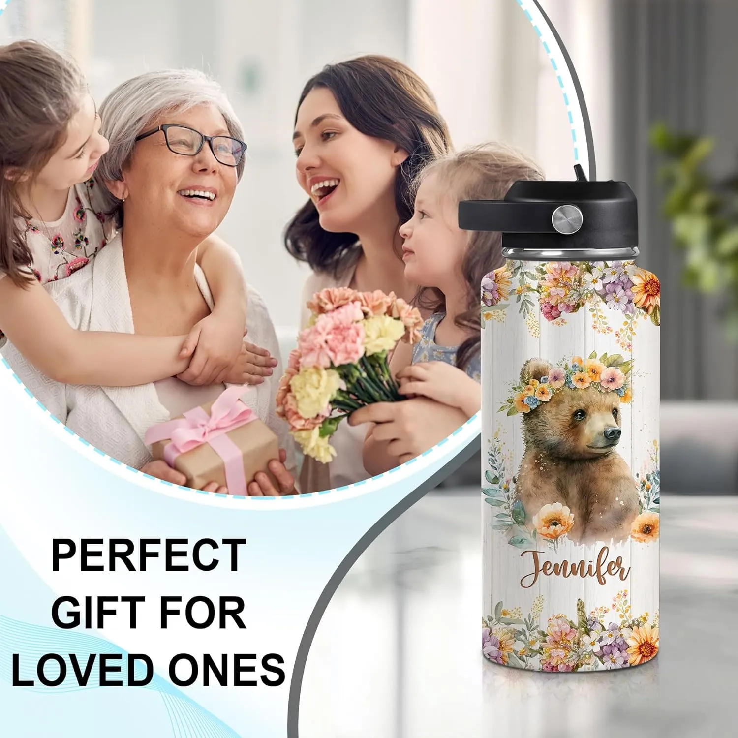 Hyturtle Personalized Bear Water Bottle - Travel Insulated Stainless Steel Bottle with Leak-Proof Lid 18oz 32oz - Cute Animal Gift for Women, Girls, Bear Lovers - Birthday & Christmas Gift