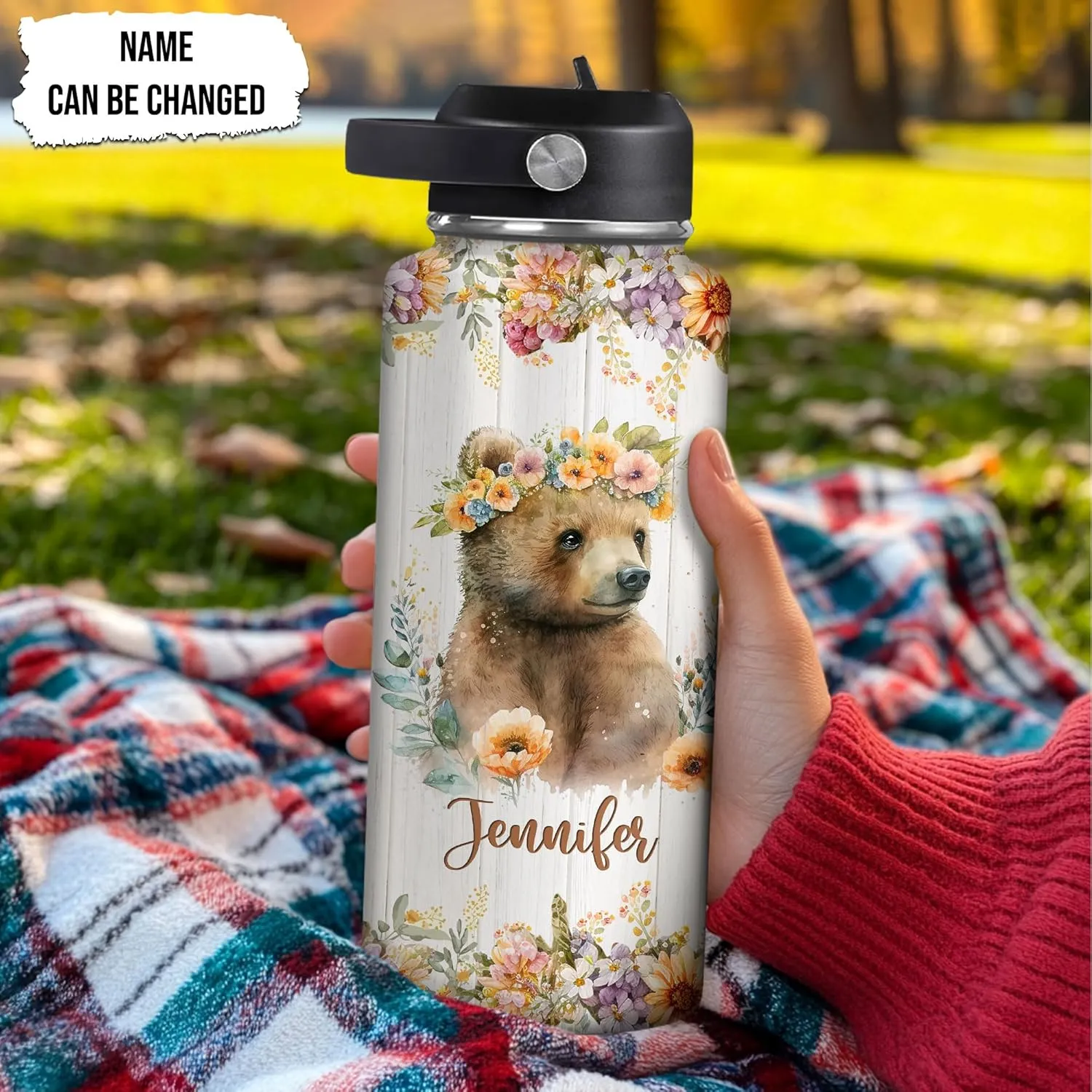 Hyturtle Personalized Bear Water Bottle - Travel Insulated Stainless Steel Bottle with Leak-Proof Lid 18oz 32oz - Cute Animal Gift for Women, Girls, Bear Lovers - Birthday & Christmas Gift
