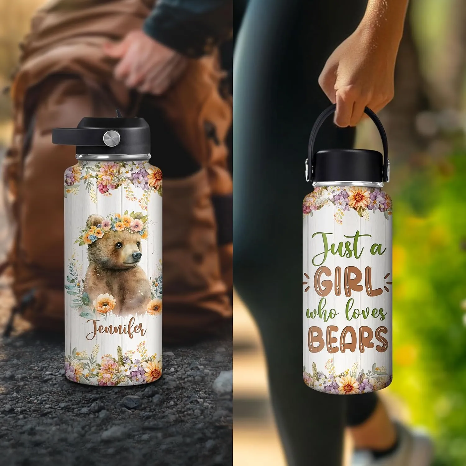 Hyturtle Personalized Bear Water Bottle - Travel Insulated Stainless Steel Bottle with Leak-Proof Lid 18oz 32oz - Cute Animal Gift for Women, Girls, Bear Lovers - Birthday & Christmas Gift
