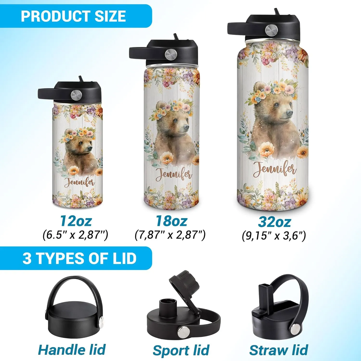 Hyturtle Personalized Bear Water Bottle - Travel Insulated Stainless Steel Bottle with Leak-Proof Lid 18oz 32oz - Cute Animal Gift for Women, Girls, Bear Lovers - Birthday & Christmas Gift
