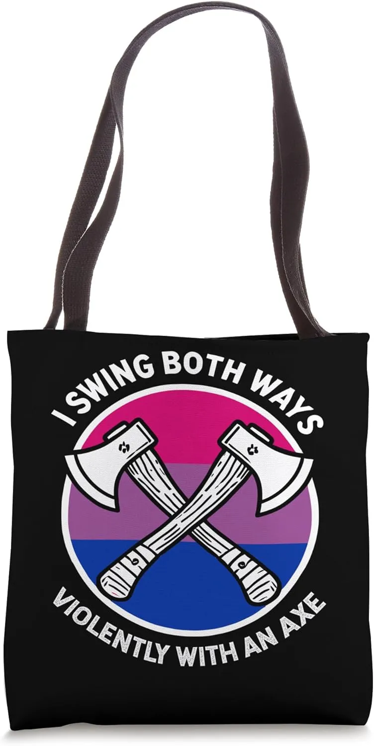 I Swing Both Ways Violently With An Axe Funny Bisexual Flag Tote Bag