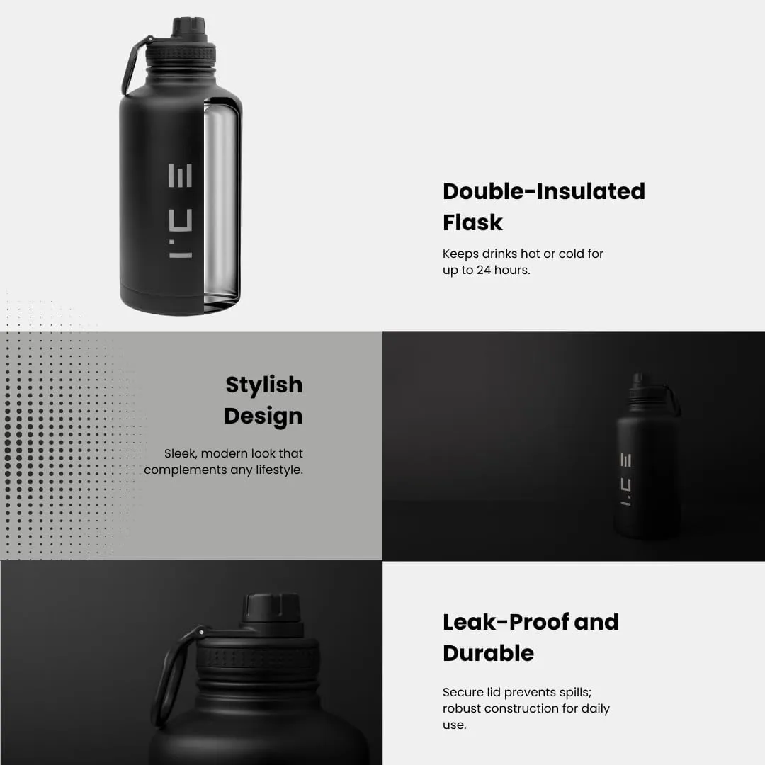 ICE Sports Water Bottle - Includes 3 Lids (1 Straw Lid) & 2 Straws - Leak proof Stainless Steel Gym & Sport Bottles for Men, Women & Kids - Double Walled, Insulated Thermos (White, 40 oz)