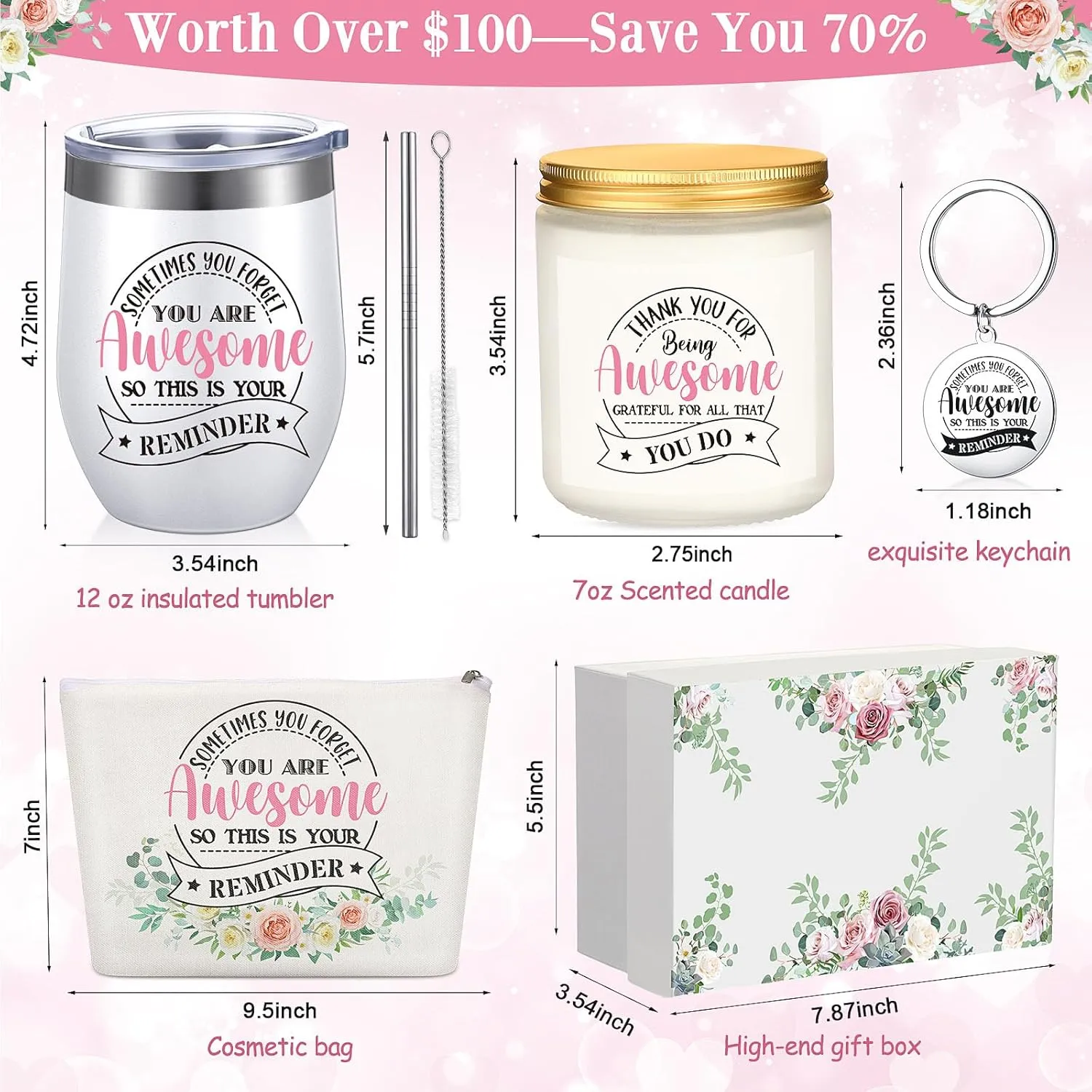 Inbagi 5 Pcs Thank You Gifts Basket for Women Appreciation Gift for Coworker Employee Teacher Housekeeping Insulated Tumbler Scented Candle Makeup Bag Keychain