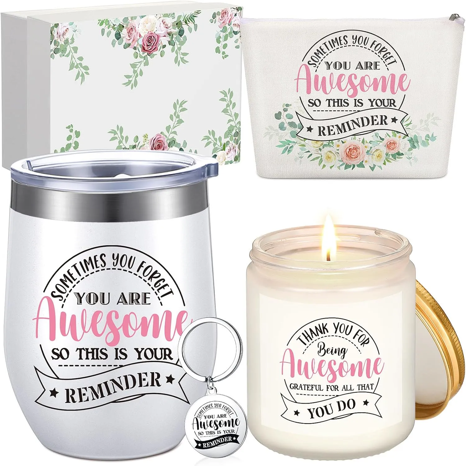 Inbagi 5 Pcs Thank You Gifts Basket for Women Appreciation Gift for Coworker Employee Teacher Housekeeping Insulated Tumbler Scented Candle Makeup Bag Keychain