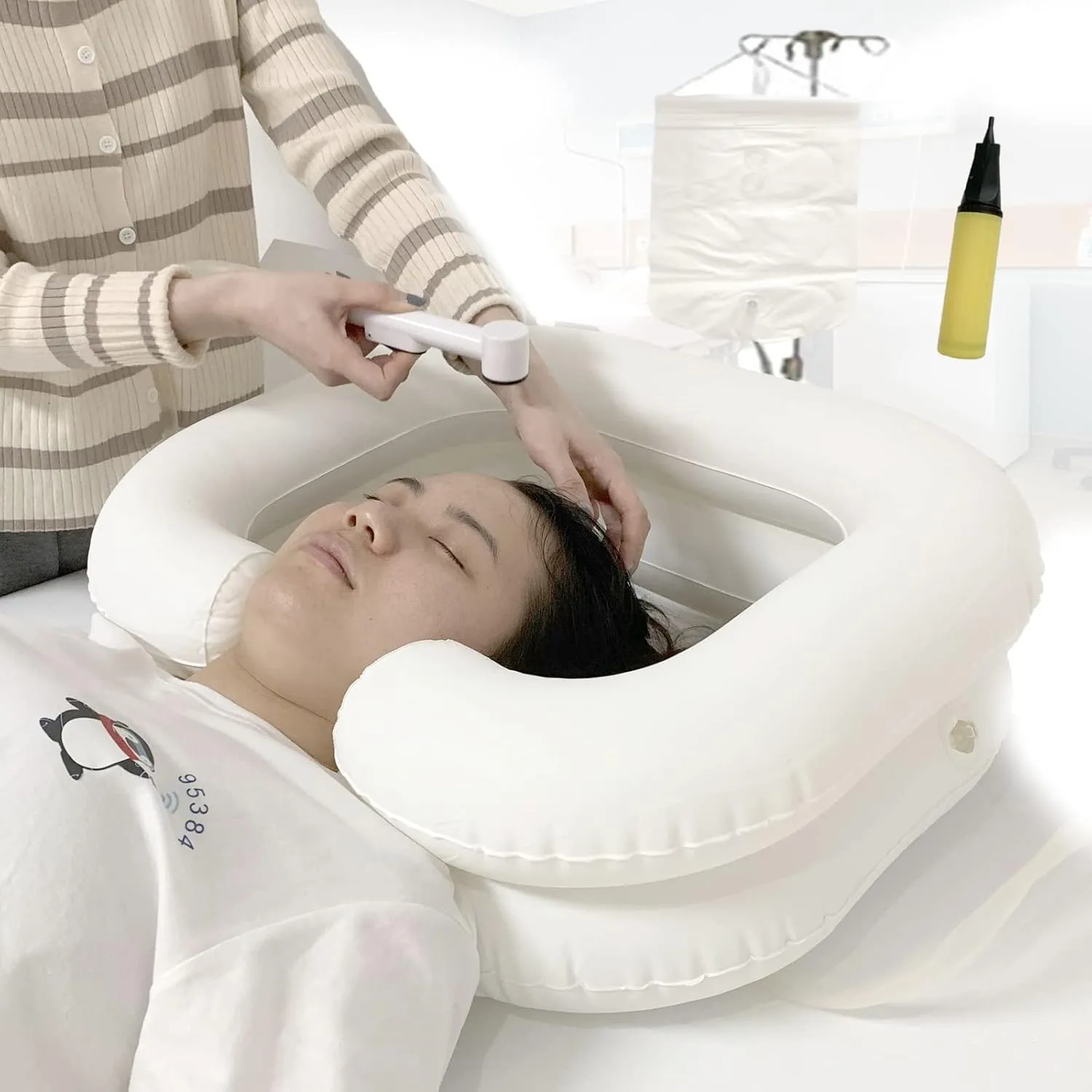 Inflatable Bedside Shampoo Basin kit, Bedridden Shower System for Disabled& Elderly Bed Easy, Pregnancy, or Post-Surgical, Overhead Shower with Water Bag(Set of 4)