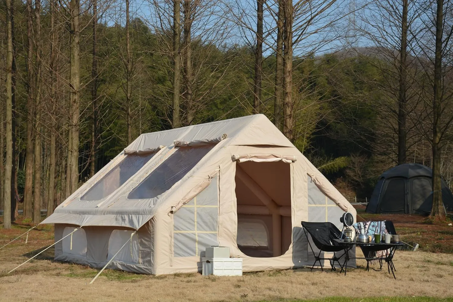 Inflatable Tent for Camping, 7-8 Person Blow Up Tent for Camping with Stove Jack, Hand Pump, Mesh Windows, Waterproof Cloth, Easy Setup, 4-Season Use