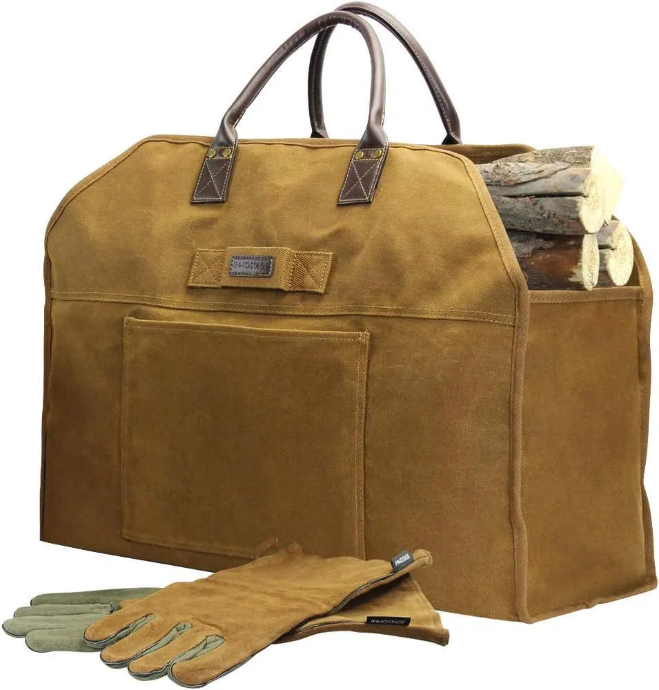 INNO STAGE Firewood Log Carrier Bag Waxed Canvas Tote Holder with Fireplace Pure Leather Gloves for Hay Hauling Outdoor Camping, BBQ Barbecue