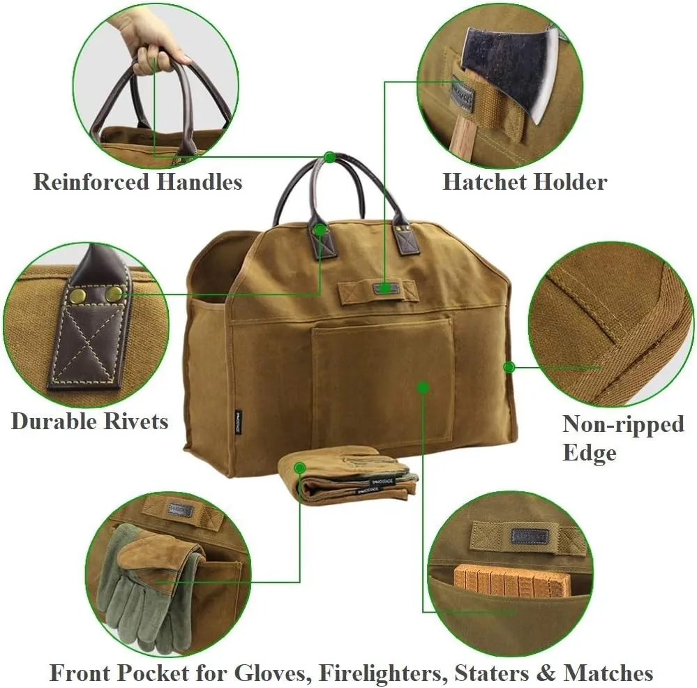 INNO STAGE Firewood Log Carrier Bag Waxed Canvas Tote Holder with Fireplace Pure Leather Gloves for Hay Hauling Outdoor Camping, BBQ Barbecue