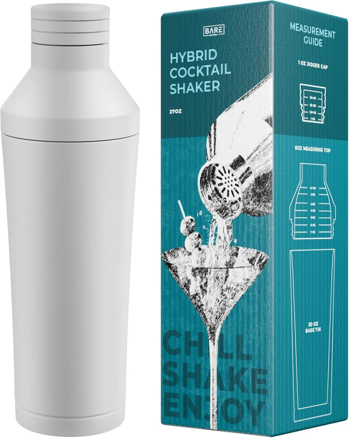 Insulated Cocktail Shaker | Vacuum Insulated, Double Wall, Stainless Steel | Martini Shaker for Home Bartender | Built-in Measuring System, Travel Bag, 35 Recipe Cards | Gift Set (Snow)