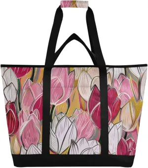 Insulated Soft Sided Cooler Bag Hot or Cold Carrier Beach Tote Bag with Cooler Compartment Personalized for Travel Picnics Delivery Colorful Tulips Beautiful Flowers