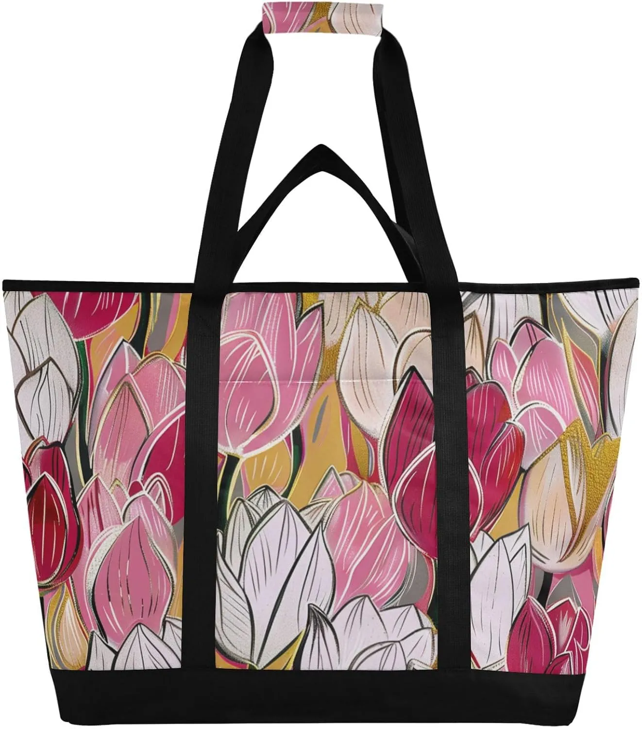 Insulated Soft Sided Cooler Bag Hot or Cold Carrier Beach Tote Bag with Cooler Compartment Personalized for Travel Picnics Delivery Colorful Tulips Beautiful Flowers