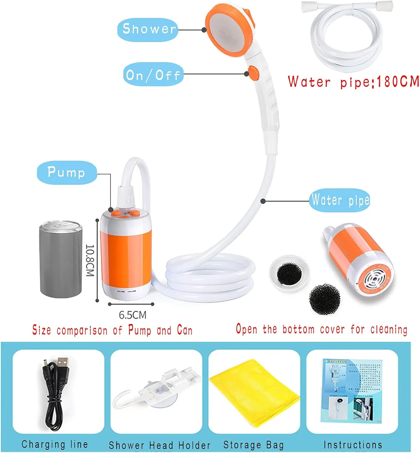 Iron Hammer Portable Shower Electric Shower Camping Shower Built-in 5000mAh Large Capacity Rechargeable Battery-Powered Shower for Indoor or Outdoor Showering Car Washing Pet Bathing