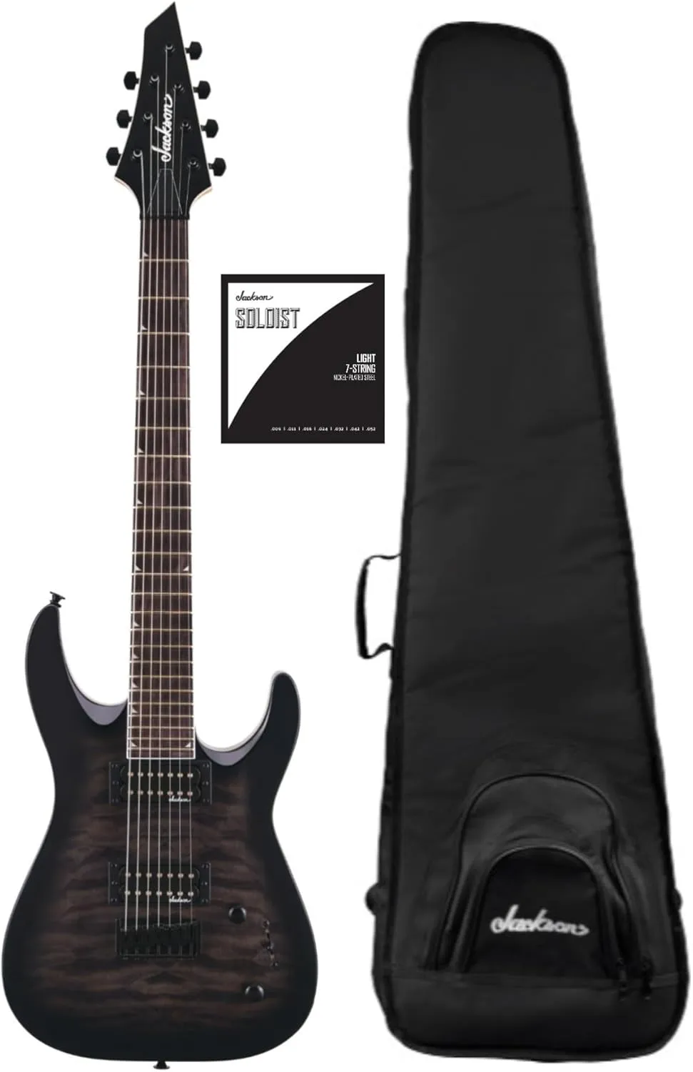 Jackson JS Series Dinky Arch Top 7-String JS22Q-7 DKA HT Electric Guitar (Transparent Black Burst) Bundle with Guitar Gig Bag, and Nickel-Plated Strings (3 Items)