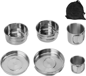 Jerliflyer 6PCS Portable Cookware Set, 304 Stainless Steel Rapid Heating Camping Cookware Set, Lightweight Stackable Camping Pots and Pans Plate Set Camping Gear for Outdoor Backpacking