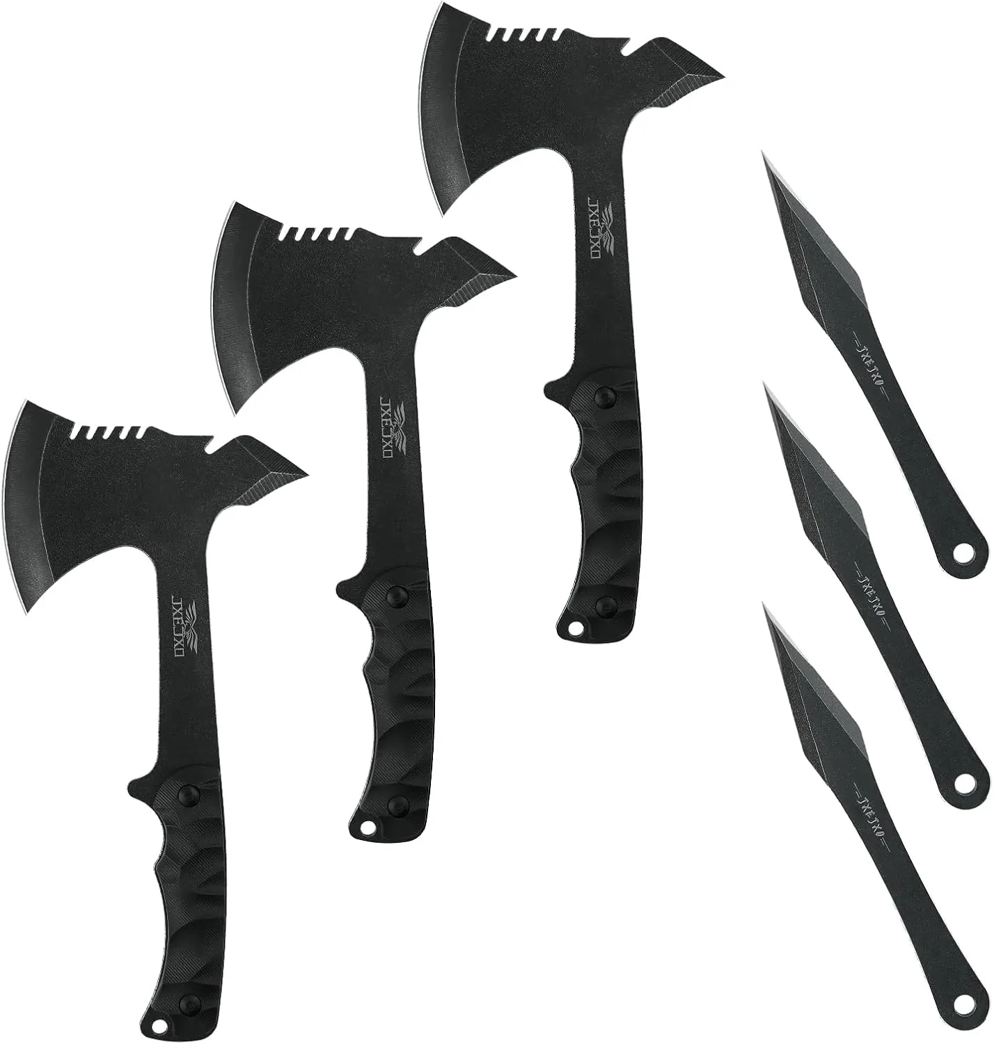 JXE JXO Throwing Axes and Spike 3Pack Set, Full Tang Throwing Tomahawk, No Spin Throwing Spike