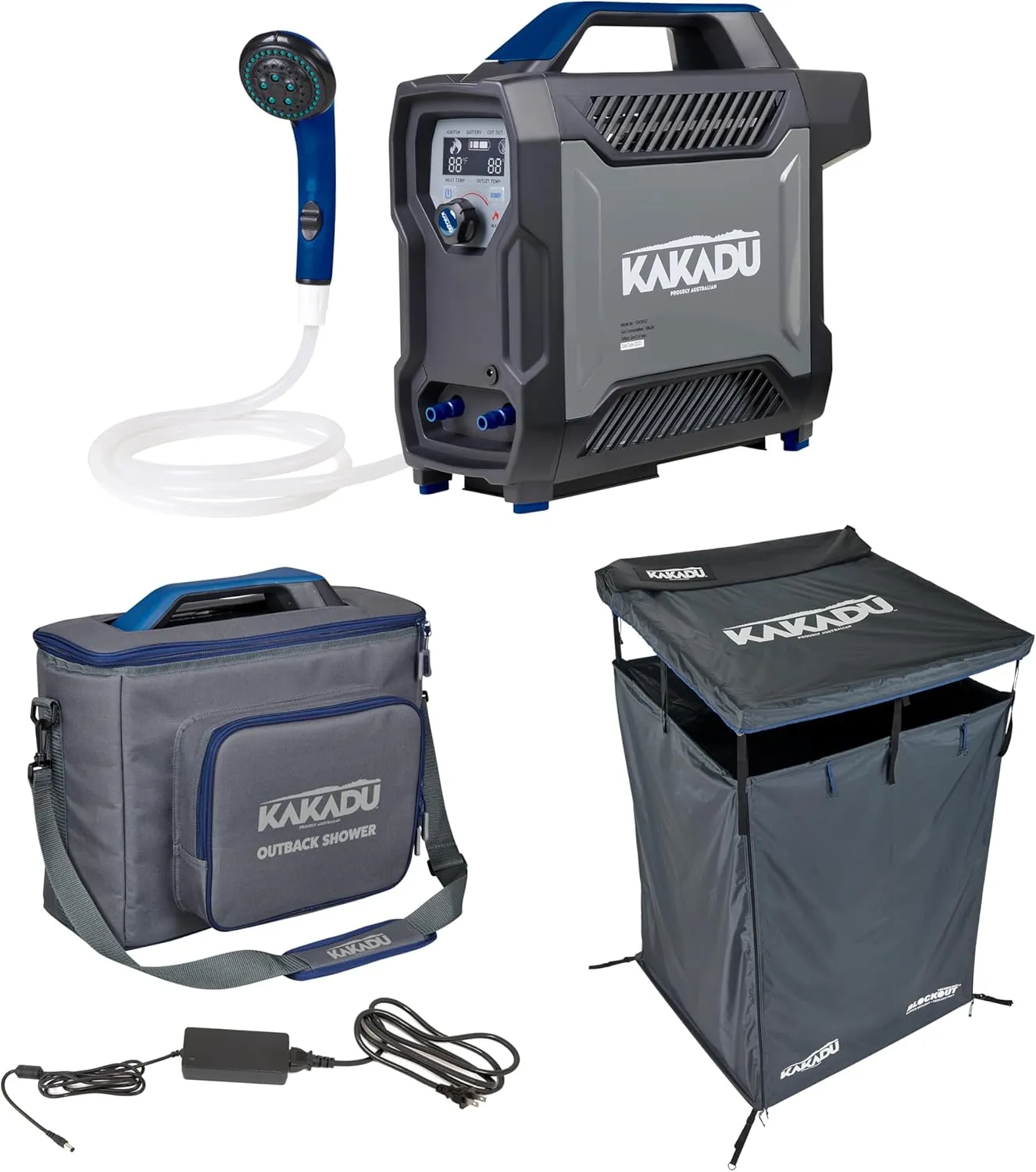 Kakadu Outback Shower Overland Bundle with Vehicle Shower Tent, Carry Bag, AC Adapter - Portable, Instant Propane Water Heater