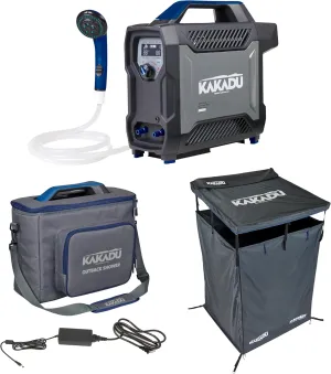 Kakadu Outback Shower Overland Bundle with Vehicle Shower Tent, Carry Bag, AC Adapter - Portable, Instant Propane Water Heater