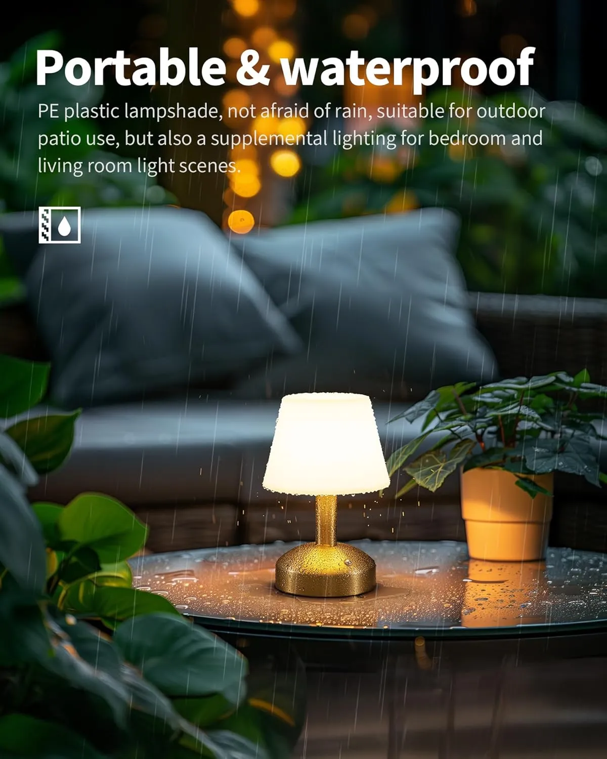 KDG Modern Cordless Small Table Lamps, Outdoor Portable Shower Waterproof LED Dimmable Desk Lamp, 5000mAh Rechargeable Battery Operated Lighting for Restaurant, Bedroom, Bathroom, Night Light (Gold)