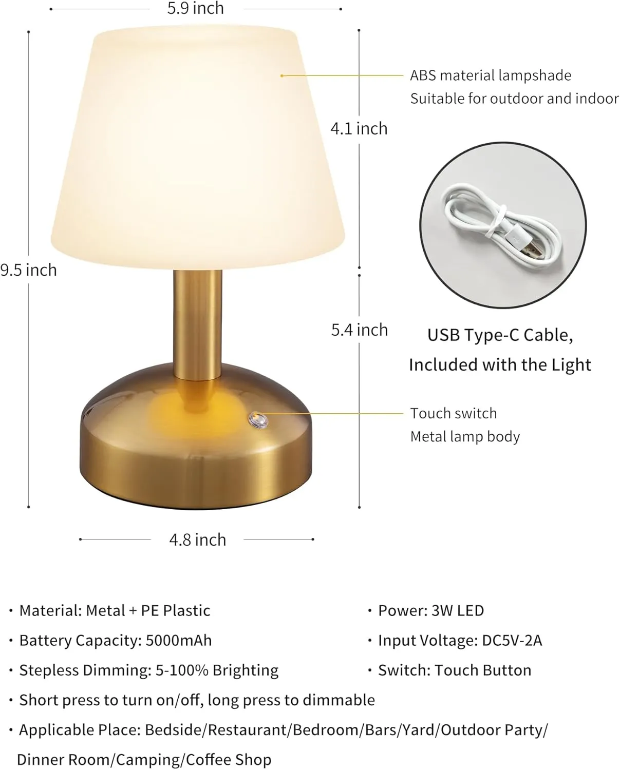 KDG Modern Cordless Small Table Lamps, Outdoor Portable Shower Waterproof LED Dimmable Desk Lamp, 5000mAh Rechargeable Battery Operated Lighting for Restaurant, Bedroom, Bathroom, Night Light (Gold)
