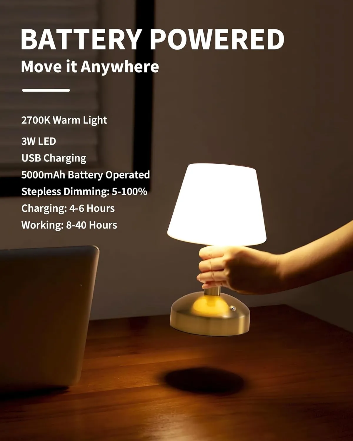 KDG Modern Cordless Small Table Lamps, Outdoor Portable Shower Waterproof LED Dimmable Desk Lamp, 5000mAh Rechargeable Battery Operated Lighting for Restaurant, Bedroom, Bathroom, Night Light (Gold)