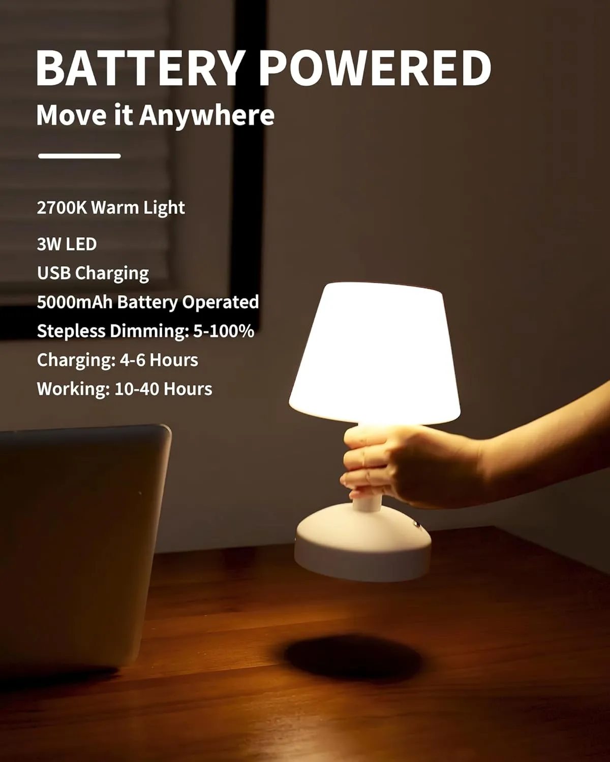 KDG Modern Cordless Small Table Lamps, Outdoor Portable Shower Waterproof LED Dimmable Desk Lamp, 5000mAh Rechargeable Battery Operated Lighting for Restaurant, Bedroom, Bathroom, Night Light (White)