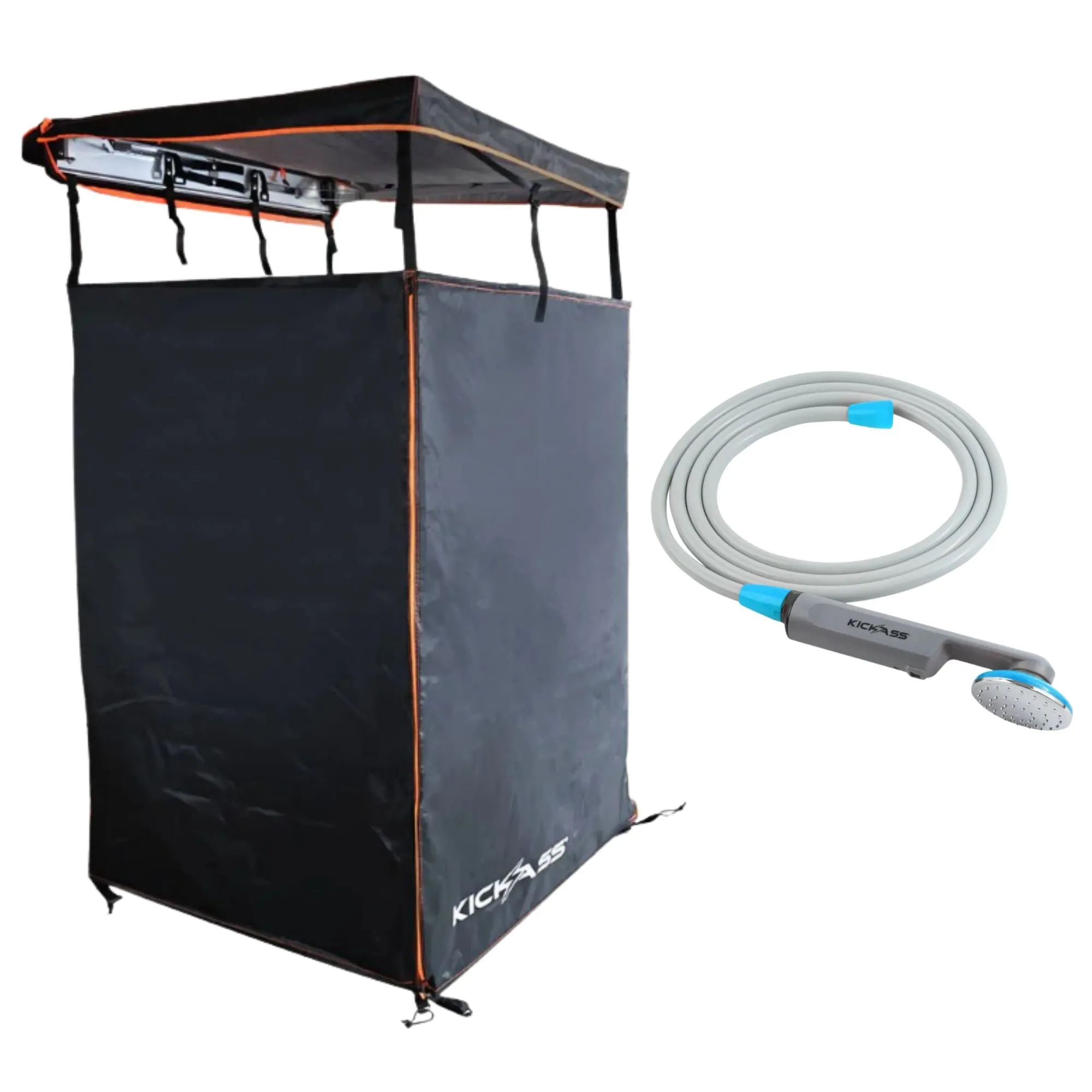 KickAss Portable Camping Shower and Shower Tent Bundle - Black & Orange
