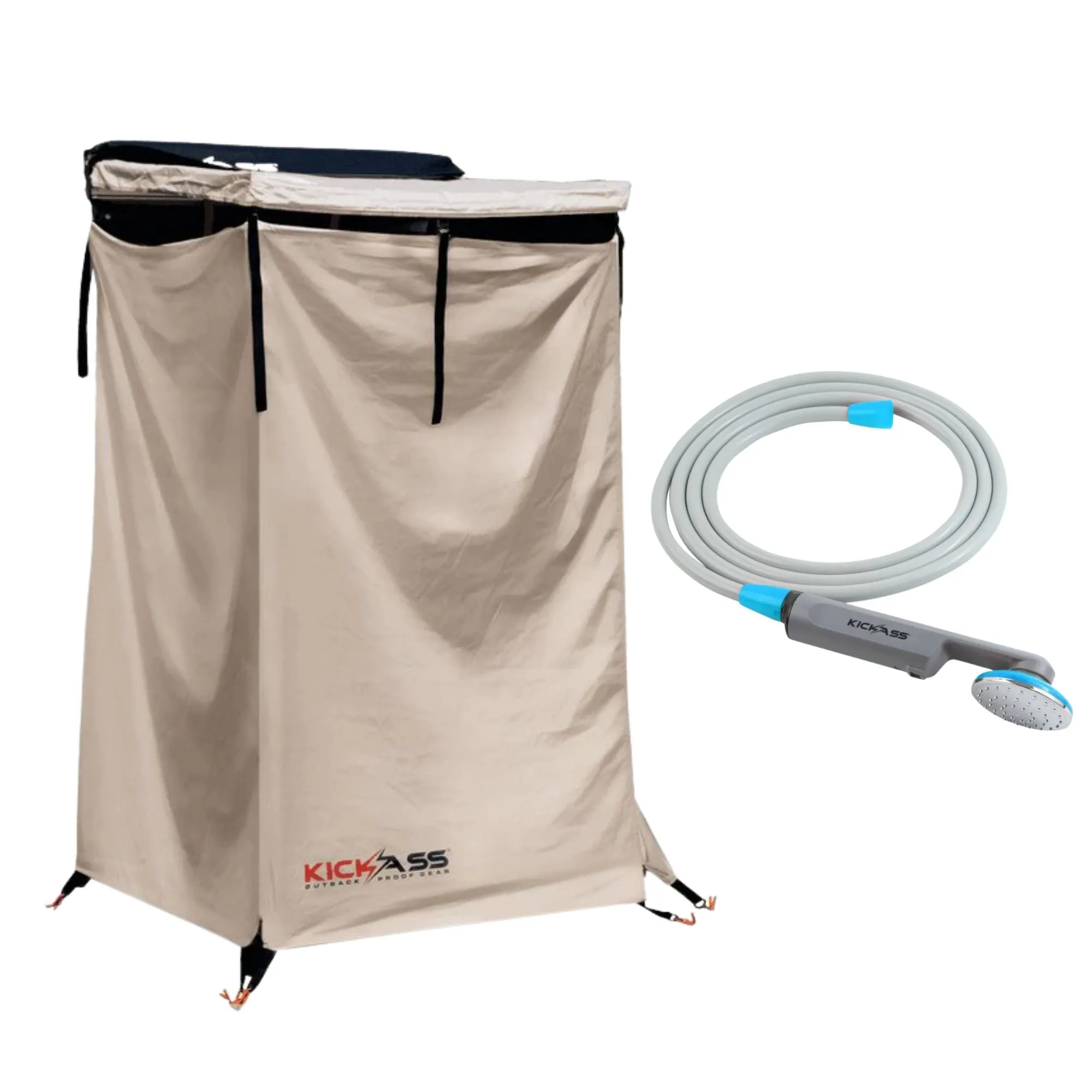 KickAss Shower Awning with Roof and Portable Lithium Shower Bundle