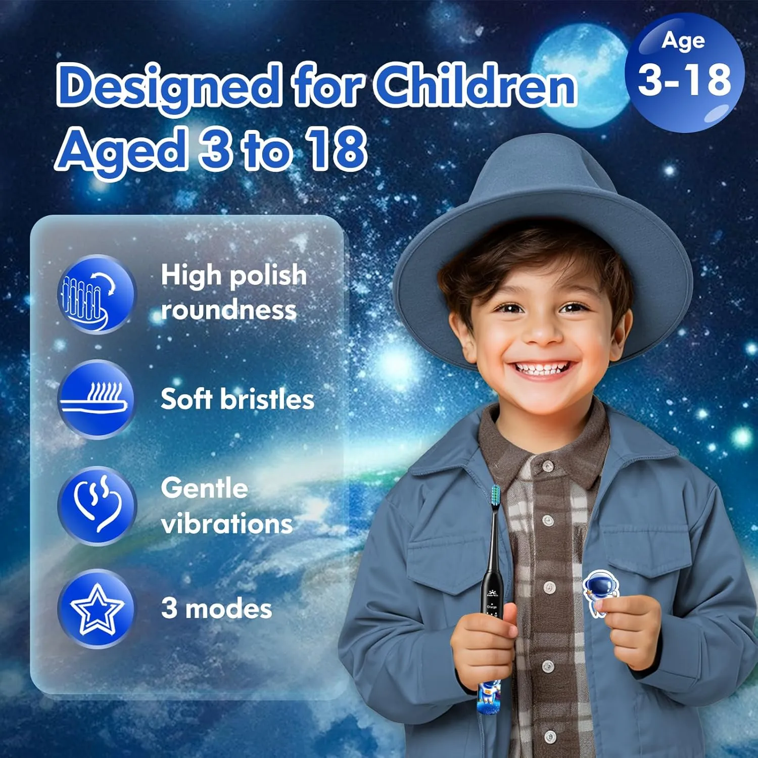 Kids Electric Toothbrush Rechargeable Age 3-5-6-12-18 Year Old, Sonic Toothbrush Kids with Timer 3 Modes 4 Vibrating Heads Habit Stickers Tooth Brush for Girls Boys and Childrens (Astronaut Black)