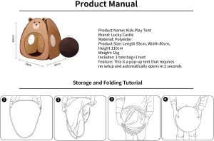 Kids Play Tent Castle Pop Up Tent for Boys and Girls Indoor Outdoor Playhouse with Storage Bag Perfect Kids Gift (Brown Bear, 37.5*35.5*43inch)