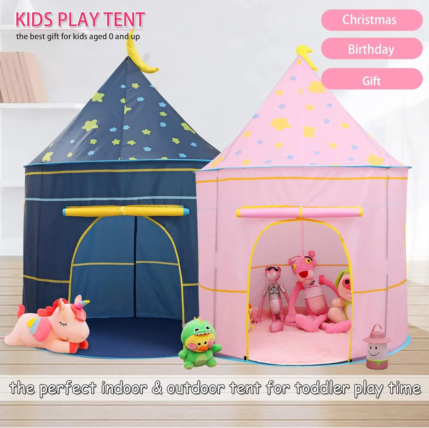 Kids Play Tent Teepee Tent Pop-up Princess Prince Castle Play Tent with Star Lights EN71 ASTM Certified Indoor Outdoor Portable Playhouse Boys & Girls Birthday Gift (Moon Blue)