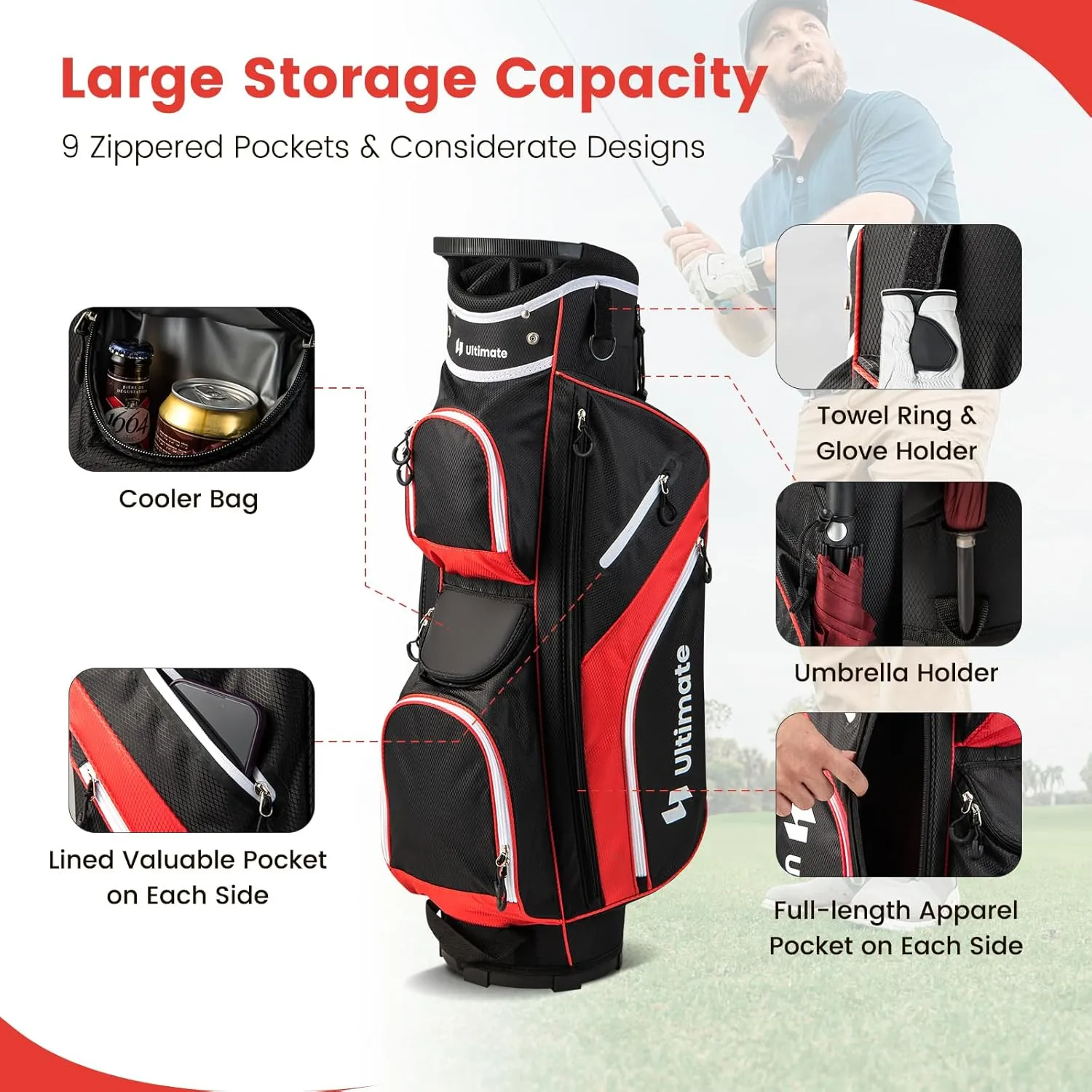 KOTEK Golf Cart Bag, 14 Way Organizer Divider Golf Club Bag with 9 Pockets, Cooler Bag, Rain Cover, Adjustable & Detachable Dual Shoulder Straps, Lightweight Cart Golf Bag for Men & Women
