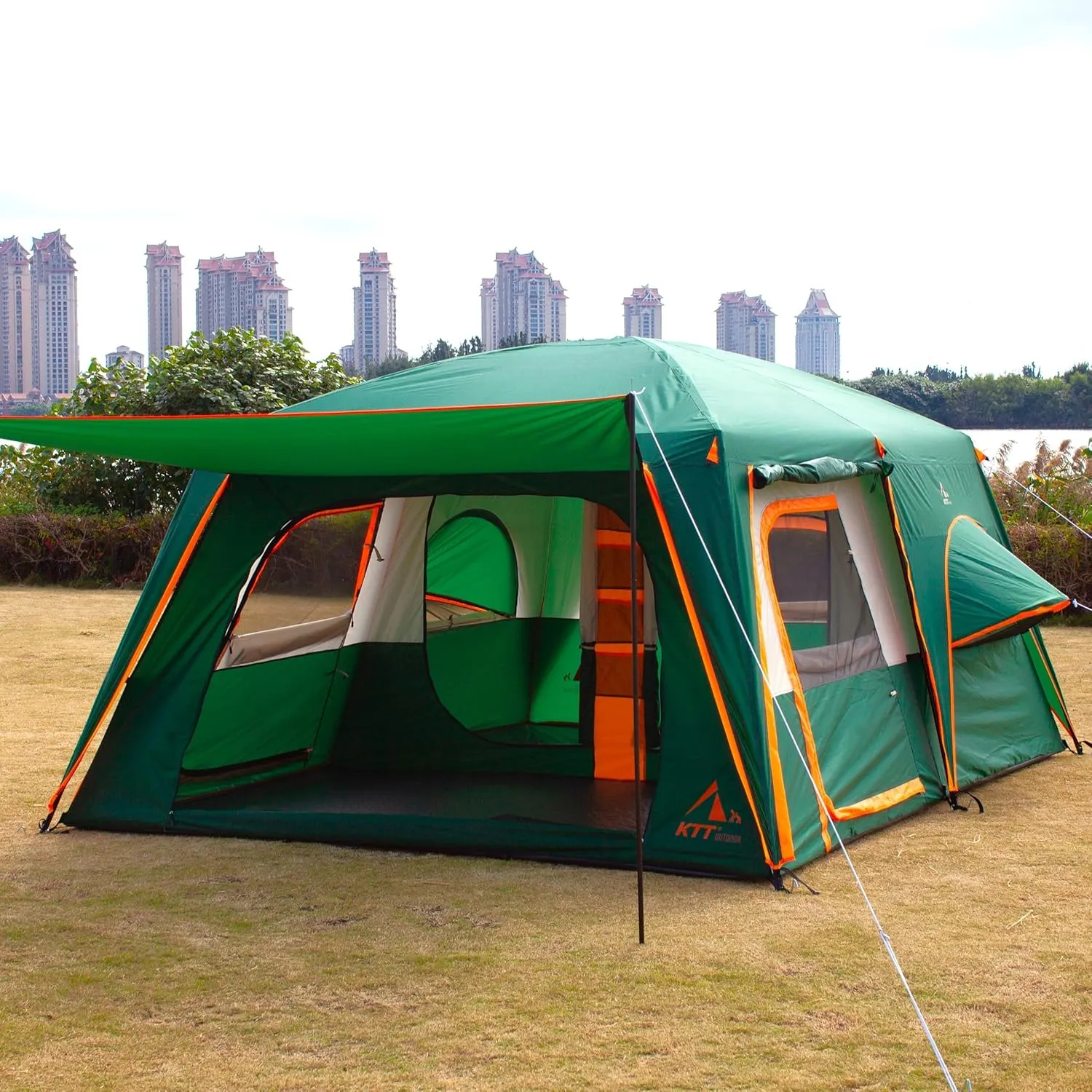 KTT Extra Large Tent 12 Person,2 Bay-Windows,Family Cabin Tents,14'Lx10'Wx6.58'H,2 Rooms and 3 Doors 3 Windows with Mesh,Waterproof,Straight Wall,Big Tent for Outdoor,Picnic,Camping,Gathering