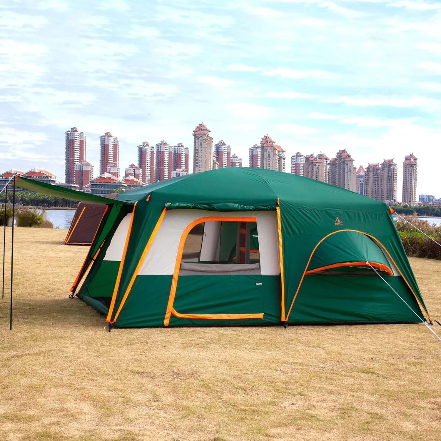 KTT Extra Large Tent 12 Person,2 Bay-Windows,Family Cabin Tents,14'Lx10'Wx6.58'H,2 Rooms and 3 Doors 3 Windows with Mesh,Waterproof,Straight Wall,Big Tent for Outdoor,Picnic,Camping,Gathering