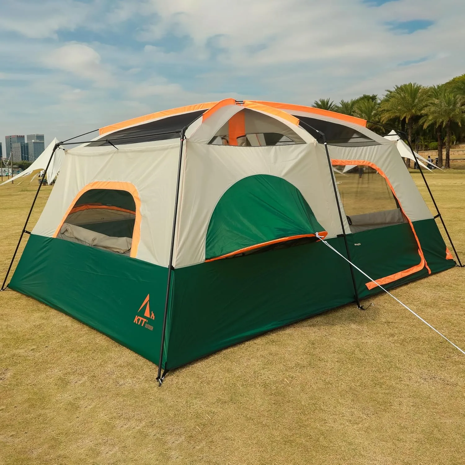 KTT Extra Large Tent 12 Person,2 Bay-Windows,Family Cabin Tents,14'Lx10'Wx6.58'H,2 Rooms and 3 Doors 3 Windows with Mesh,Waterproof,Straight Wall,Big Tent for Outdoor,Picnic,Camping,Gathering