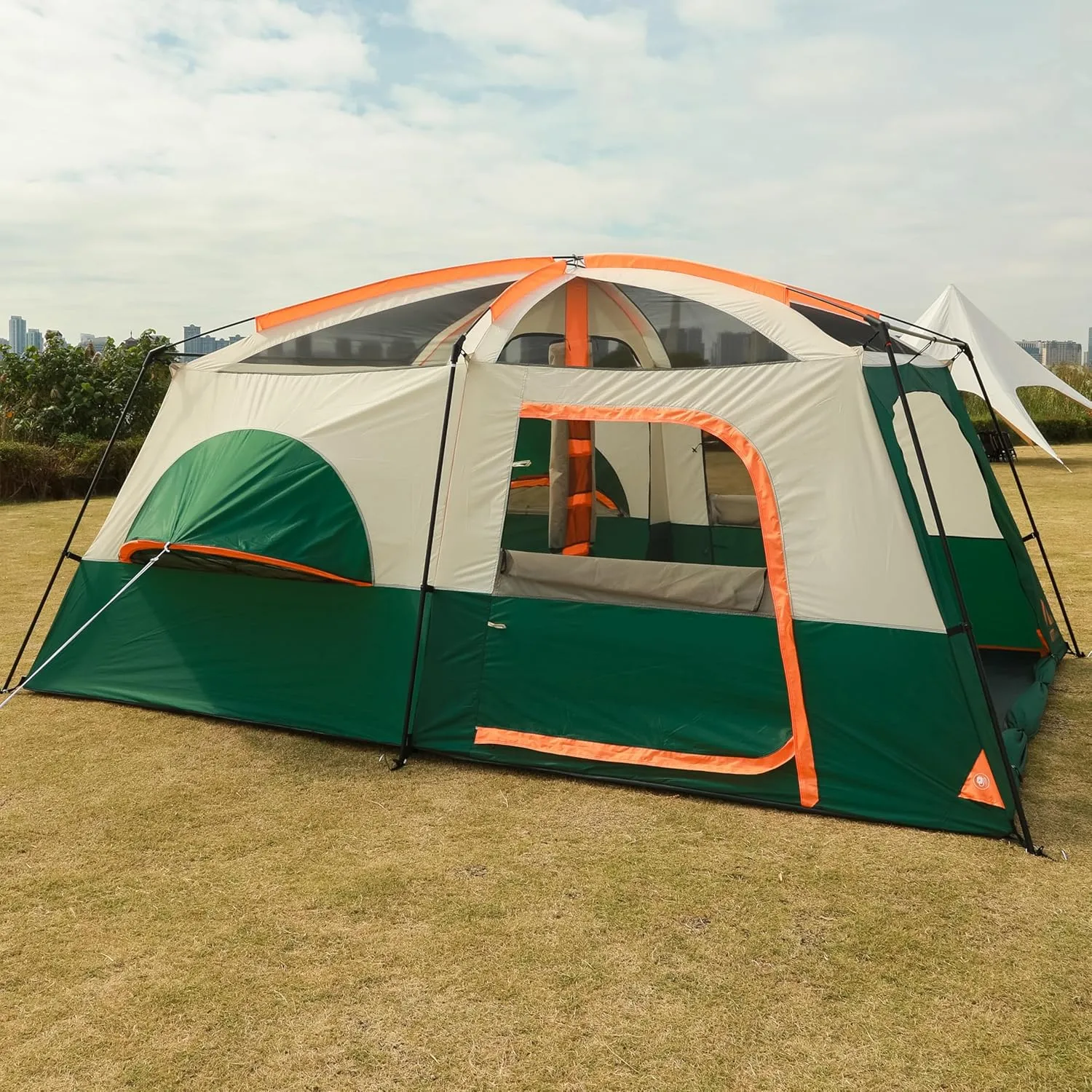 KTT Extra Large Tent 12 Person,2 Bay-Windows,Family Cabin Tents,14'Lx10'Wx6.58'H,2 Rooms and 3 Doors 3 Windows with Mesh,Waterproof,Straight Wall,Big Tent for Outdoor,Picnic,Camping,Gathering