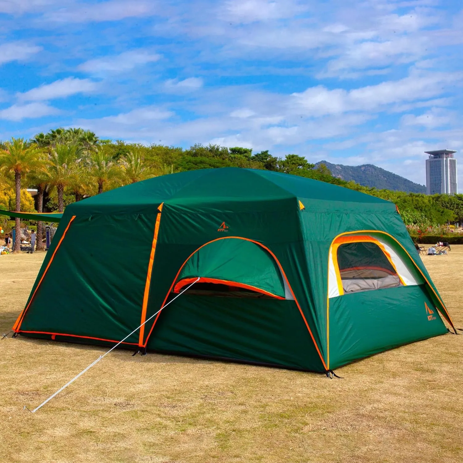 KTT Extra Large Tent 12 Person,2 Bay-Windows,Family Cabin Tents,14'Lx10'Wx6.58'H,2 Rooms and 3 Doors 3 Windows with Mesh,Waterproof,Straight Wall,Big Tent for Outdoor,Picnic,Camping,Gathering