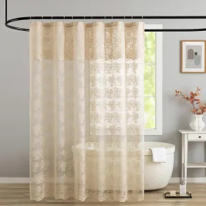 Lace Beige Shower Curtain with Valance- Farmhouse Boho Sheer Floral Neutral Shower Curtain for Bathroom, Antique Scalloped Edges Tan Decorative Grandma Core Decor, 1 Panel, 72 x 72 Inch
