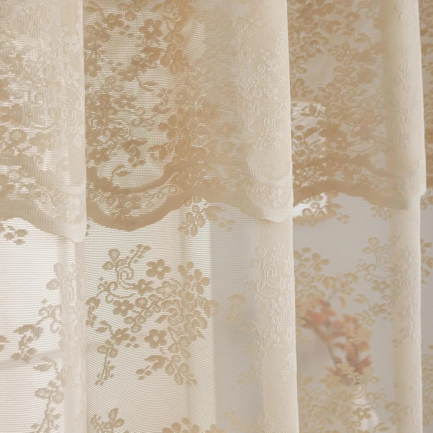 Lace Beige Shower Curtain with Valance- Farmhouse Boho Sheer Floral Neutral Shower Curtain for Bathroom, Antique Scalloped Edges Tan Decorative Grandma Core Decor, 1 Panel, 72 x 72 Inch