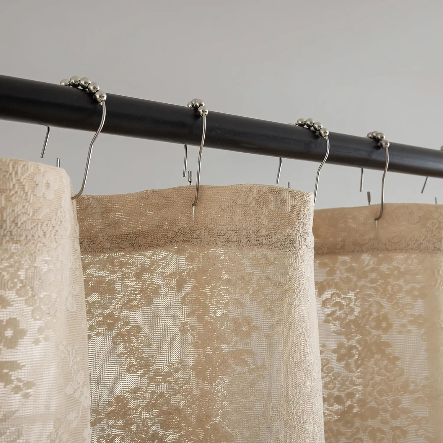 Lace Beige Shower Curtain with Valance- Farmhouse Boho Sheer Floral Neutral Shower Curtain for Bathroom, Antique Scalloped Edges Tan Decorative Grandma Core Decor, 1 Panel, 72 x 72 Inch